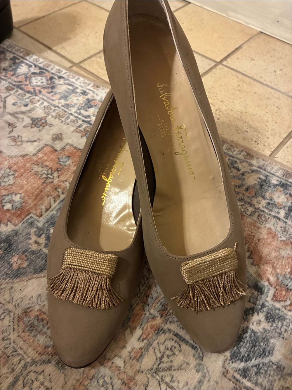 Salvatore Ferragamo Taupe Suede Tassel Pumps